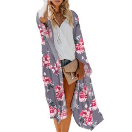 Women's Tropical Floral Boho Beach Long Swimsuit Kimono Cover Ups Summer Chiffon Cardigans Dusters Hawaiian Maternity Tops Sheer Thin Gray Small