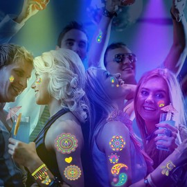 Glow in The Dark Temporary Tattoos 20 Sheets Aldult Blacklight Fluorescence UV Neon Body Face Fake Tattoo Stickers for Women Girls, Rave Festival Accessory Decorations Party Supplies