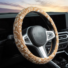Embroidered Floral Brown Steering Wheel Cover Auto Steering Wheel Protector, Anti-Slip, Breathable, Absorbing Sweat, Universal Flowers Car Accessories 14.5–15 inch,Fit for Most Car, Trucks, SUV