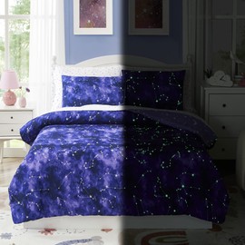Kaleido Space Full Kids Comforter Set - 7 Pieces Full Bedding Sets for Boys Girls Teen, Glow in The Dark Galaxy Bed in A Bag with Sheets