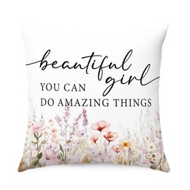 QROZIAR Wildflower Inspirational Quoto Throw Pillow Covers, Beautiful Girl You Can Do Amazing Things Decorative Pillow Covers 18x18, Motivational Sign Pillow Cover Decor for Couch Girl Bedroom Dorm