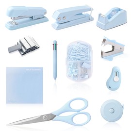 Blue Desk Accessory Kit Cute Office Supplies Set Desktop Stapler Set Includes Staple Remover Hole Punch Tape Dispenser Ballpoint Pen Scissor Mini Box Cutter Tape Measure Paper Clips Sticky Notes
