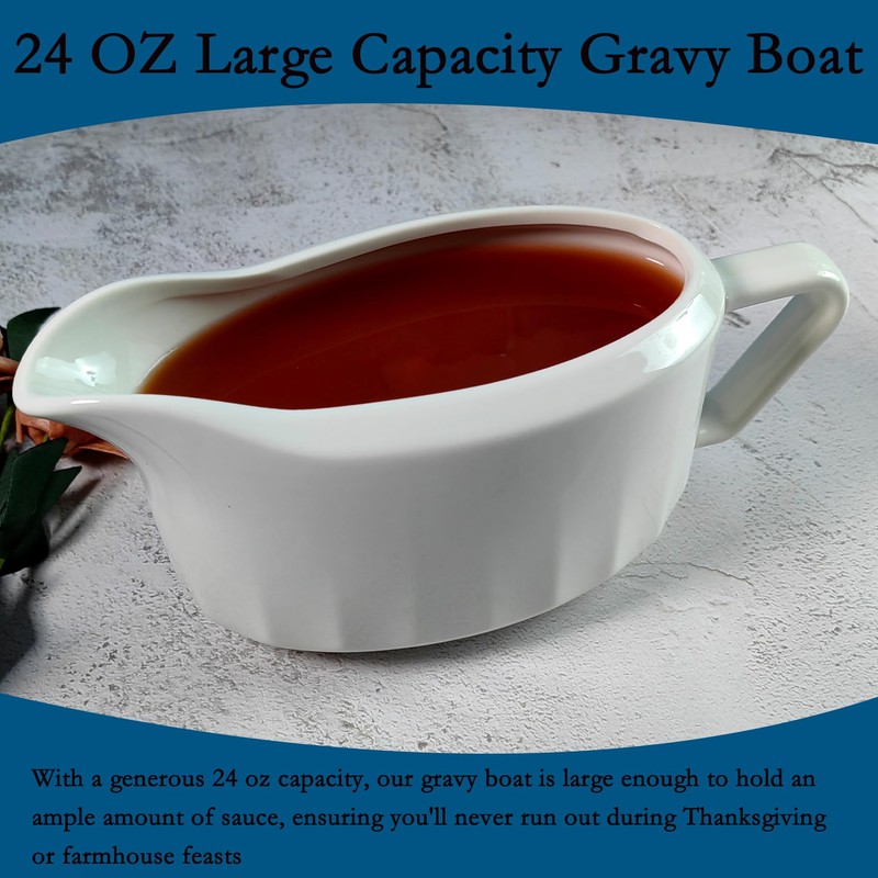 Large White Ceramic Gravy Boat, 710ml Capacity, Farmhouse Style Serving
