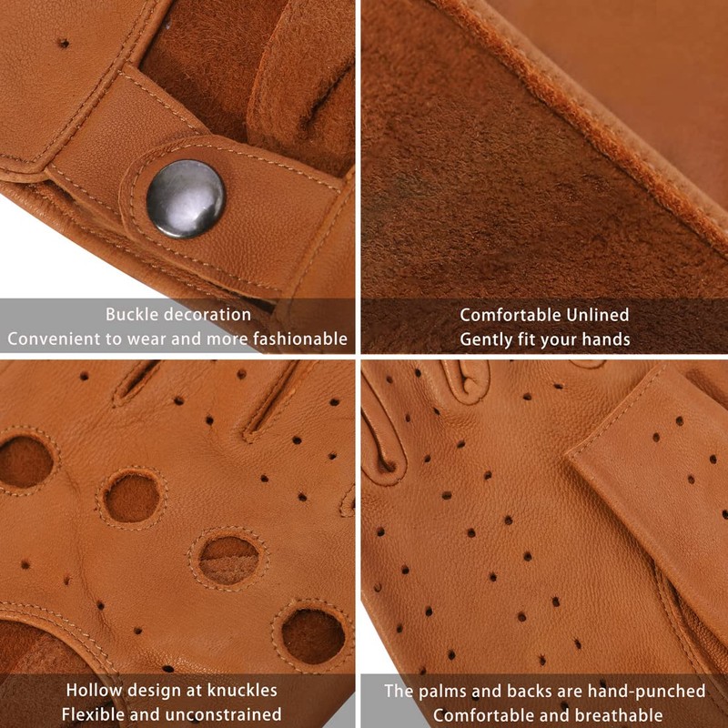 Harssidanzar GM032EU Men's Fingerless Half Finger Leather Driving Gloves Lambskin