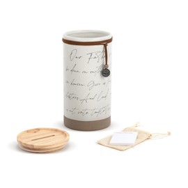 DEMDACO Lord's Prayer Classic White Brown Trim 8.5 x 4 Ceramic and Wood Inspirational Jar with Cards