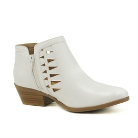 Soda CHANCE Womens Perforated Cut Out Stacked Block Heel Ankle Booties (9, Off White PU, numeric_9)