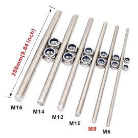 M8x250mm Fully Threaded Rod Studs Long Metric Threaded Screw 304 Stainless Steel Right Hand Threads All Threaded Rod Studs for Anchor Bolts Clamps Hangers U-Bolts 2 Pack