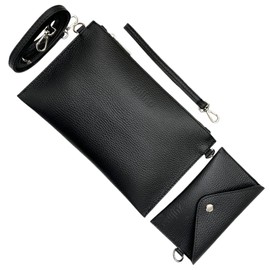 Zulino Shoulder Bag Handbag Set Genuine Leather Clutch Passport Bag Double Strap Removable Adjustable Leather Edges Sealed 25 x 15 cm, black