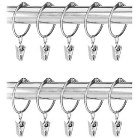 Curtain Rings, Clips, Opening, Inner Diameter: 1.5 inches (39 mm), Set of 10, Silver, Curtain Hooks, Ring Hooks, Sliding Rings, Possible, Tension Rod, Steel, Rustproof, Strong, Clip Hooks (Silver/10
