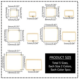 PH PandaHall 50pcs 5 Sizes Brass Linking Rings, 6/8/10/12/14mm Square Open Bezel Frame Charms Connectors Geometric Beading Hoop Link Pendant for Resin Necklace Bracelet Jewelry Making, Golden/Silver