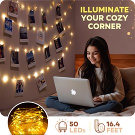Mind-Glowing Photo Clips String Light - Warm White Fairy Lights with Clips for Hanging Pictures - Teen Girl Room Decor, Trendy Stuff - Birthday Gift for Any Year Old Tween Girls (50 LED, 16.4 ft)