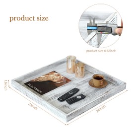 Gurfuy Extra Large Square Ottoman Table Tray 24" - Rustic Wooden Serving Tray for Farmhouse Decorative Oversized Coffee Table Trays Living Room Kitchen Counter Breakfast Whitewash