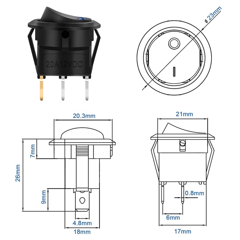 5 Pcs 12V Switch, Hanibos LED Illuminated Round Rocker Switch