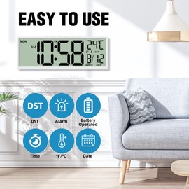 XREXS 14.5" Digital Wall Clock Battery Operated with Big Digits LCD Screen Display, Large Display Timer with Temperature Date Week Auto DST, Alarm Clock for Classroom, Livingroom, Office