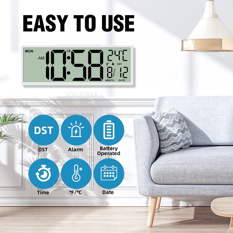 XREXS 14.5" Digital Wall Clock Battery Operated with Big Digits