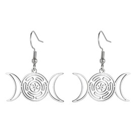 LIKGREAT Triple Moon Goddess Earrings Stainless Steel Hecate's Wheel Hoop Earrings Star and Moon Lightweight Dangle Earrings for Women Protective Talisman Jewellery for Chrismas Day (Sliver)
