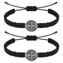 WenRity 2Pcs Catholic Medalla de San Benito Bracelet Adjustable Black String St Benedict Bracelet for Easter Party Favor Prayer Blessing Protection Men Women