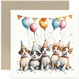 Puppies in Party Hats Birthday Card - Dog Artwork Birthday Card for Friends and Family - Perfect for Dog Owner - Gifts for Them - Cute Greeting Card Design - Blank Inside