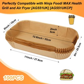 BYKITCHEN Air Fryer Liners for Ninja Foodi MAX Health Grill and Air Fryer AG551UK/AG651UK/DG551UK, Large Disposable Air Fryer Paper Liners, Air Fryer Accessories for Ninja Grill (100PCS)