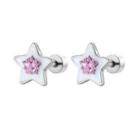 20g CZ Enamel Star Tiny Stud Earrings for Women Men Titanium Steel Silver Plated Cute Sparkly Crystal Helix Cartilage Piercing Sleeper Flat Screw Back Studs Wedding Party Fashion Jewelry (Pink CZ)