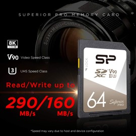 SP Silicon Power V90 for 8K Video SD Memory Card 64GB up to 290MB/s Read for DSLR/Camera/Professional Photographer/Videographer, SDXC UHS-II, C10, U3, V90 - SP064GBSDXJA2V10