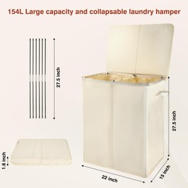 Voova 154L Double Laundry Hamper with Lid and 2 Removable Laundry Bags, Large Collapsible 2 Dividers Dirty Clothes Basket with Handles for Laundry Room, Bedroom, Bathroom, College Dorm, Beige