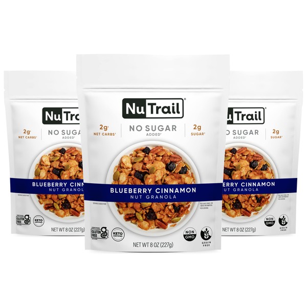 NuTrail Nut Granola, Blueberry Cinnamon, No Sugar Added, Gluten Free, Grain Free, Keto, Low Carb, Healthy Breakfast Cereal 8 oz. 3 Count