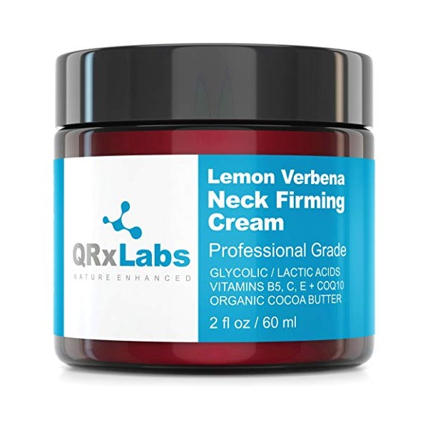 QRxLabs Lemon Verbena Neck Firming Cream - Tightening & Lifting Moisturizer For Loose, Wrinkled Or Sagging Skin On Neck, Decollete & Chest - Best To Prevent Turkey/Crepe Neck - 60 ml