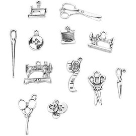Ymhapp 12 Pcs Silver Sewing Collection Pendant Charms,Antique Silver Scissor Yarn Button Sewing Machine Charm Pendants for Necklace Bracelet Jewelry Accessory Beading Jewelry Making