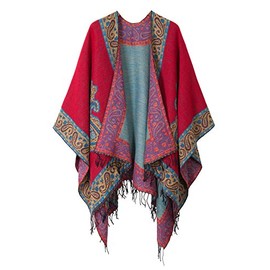 EXCHIC Women’s Retro Warm Shawls Poncho Cape Floral Printed Open Front Cardigans Sweater (2 Red)