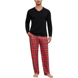Bresdk Men's Long Cotton Pyjamas Winter V Neck Leisure Suit Long Sleeve, black/red