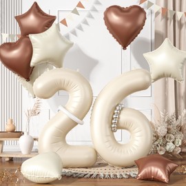 26 Cream White Balloons, 26 Number Balloons Set, Beige Number 26 Balloons, Brown Sand White Foil Star Heart Balloons With Long Balloons For 26th 62th Birthday Party 1st 6th Baby Shower Decor