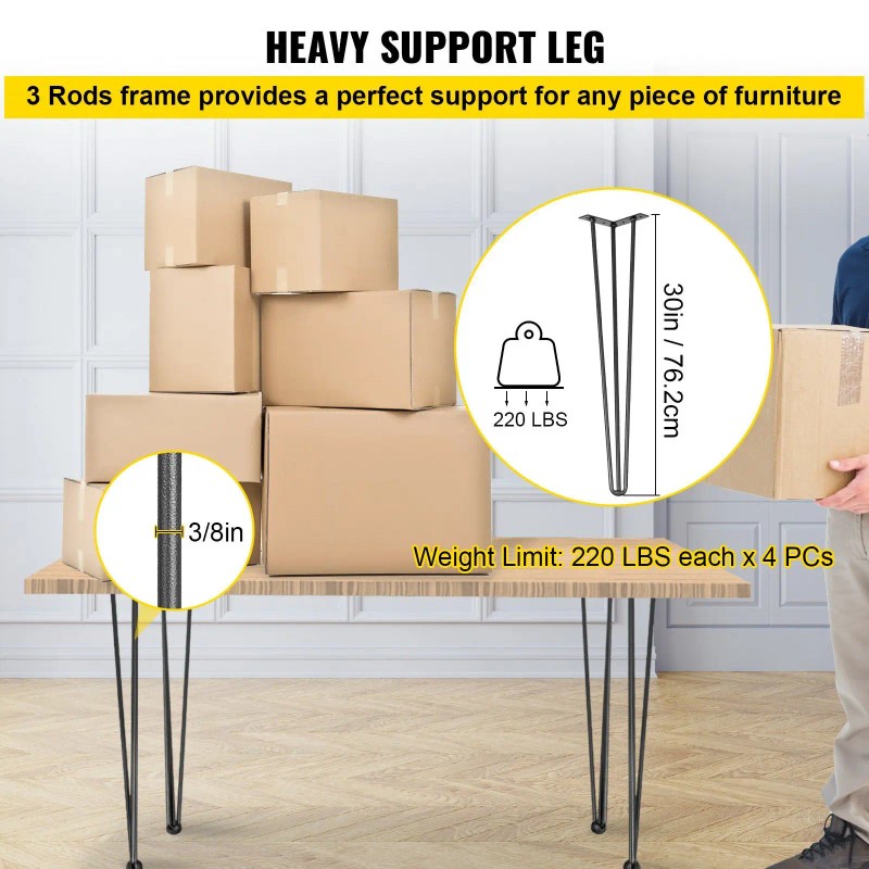 30\" Black Hairpin Table Legs Set of 4 880lbs Load