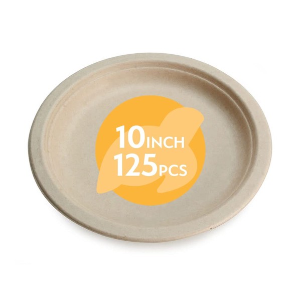 100% Compostable Disposable Paper Plates Bulk [10" 125 Pack], Bamboo Plates, Eco Friendly, Biodegradable, Sturdy Large Dinner Party Plates, Heavy-Duty, Unbleached by Earth's Natural Alternative