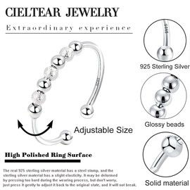 S925 Sterling Silver Anxiety Ring Anxiety Spinning Fidget Rings for Women Pearl Band Ring Adjustable Anti-Stress Rings Open Fidget Spinner Rings for Women Men Engagement Rings with Gift Box, Size: