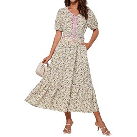 Women Dresses for Wedding Guest Floral Boho Beach Midi Dresses Green Pink M