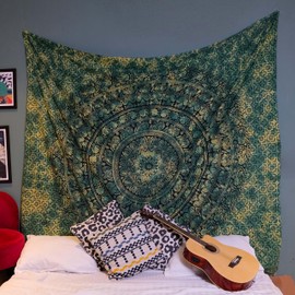 Tapestries, Hippie Mandala Wall Hanging for Bedroom, 213 x 228 cm, Elephant Wall Hanging, Green Indian Cotton Tapestry, Beach Throw, Hippie Blanket for Home, Living Room, Decoration