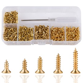 Roosea 1000 Pcs M2 Small Hinge Wood Screws 5/6/7/8/10 mm Tiny Flat Head Cross Small Brass Screws with Screwdriver for DIY Hinge Dollhouse Drawer Accessories(Golden)