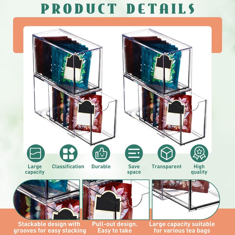Wonderjune 4 Pcs Clear Tea Bag Drawers Organizer, 6.5" x