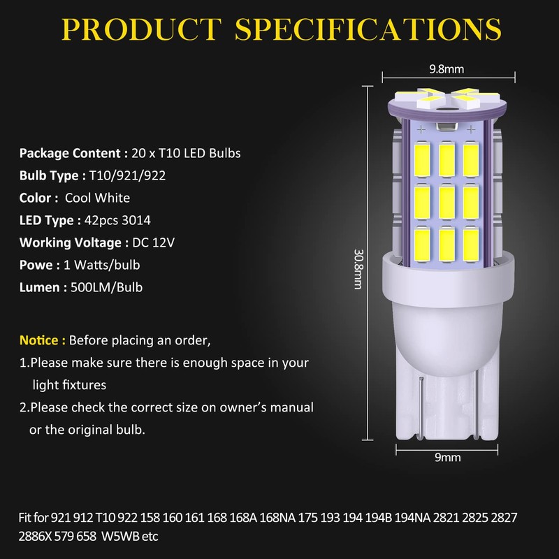 AOICANKI T10 921 194 168 LED Bulbs Cool White 20-Packs,
