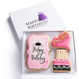 Custom Cookies Happy Birthday Gift Basket Custom Sugar Cookies - Happy Birthday Cookies in Gift Box, Hand Decorated Kosher Treats for Women, Her, Wife - Bakery & Dessert Gifts as a Birthday Cake