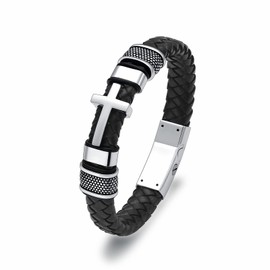 constantlife Cross Cremation Bracelet for Ashes Stainless Steel Urn Memorial Jewelry Braided Leather Wristband Bangle Faith Religious Christian Keepsake for Men Women (Silver, 20.00)