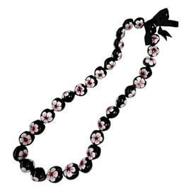 Hulu Makana Kukui Nut Necklace Lei - White/Red Hibiscus Flower - Hand Painted