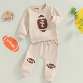 mlpeerw Toddler Baby Boy Football Outfit Football Rugby Print Sweatshirt Jogger Pants Set 2 Pcs Infant Fall Winter Clothes (Khaki football, 2-3 Years)
