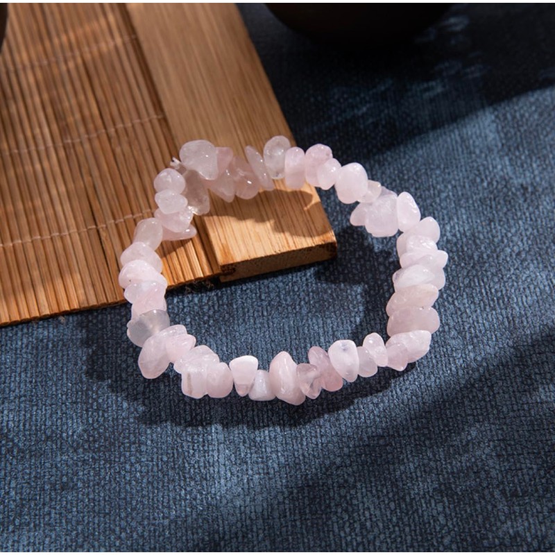VOMONO Pink Rose Quartz Crystal Chip Elasticated Bracelet