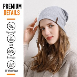 Slouch Beanie Hat, Soft Thin Cotton Hat, Lightweight Breathable Long Beanie, Jersey Chemo Hat, Elastic Running Hat for All Seasons, lightgrey