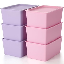 Menkxi 6 Pcs Storage Bins with Lids Small Plastic Storage Containers Stackable Storing Baskets Box Cute Organizer Bins for Organizing Shelves (Pink,Purple)