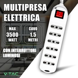 V-TAC Steckdosenleiste mit 6 Steckdosen mit Schalter und 1,5 m langem Kabel – 6 Steckdosen 10/16 A Bypass 2P+T – mit Stecker 16 A – Steckdose für Zuhause, Büro, Geschäft, Steckdosenleiste – Farbe Weiß