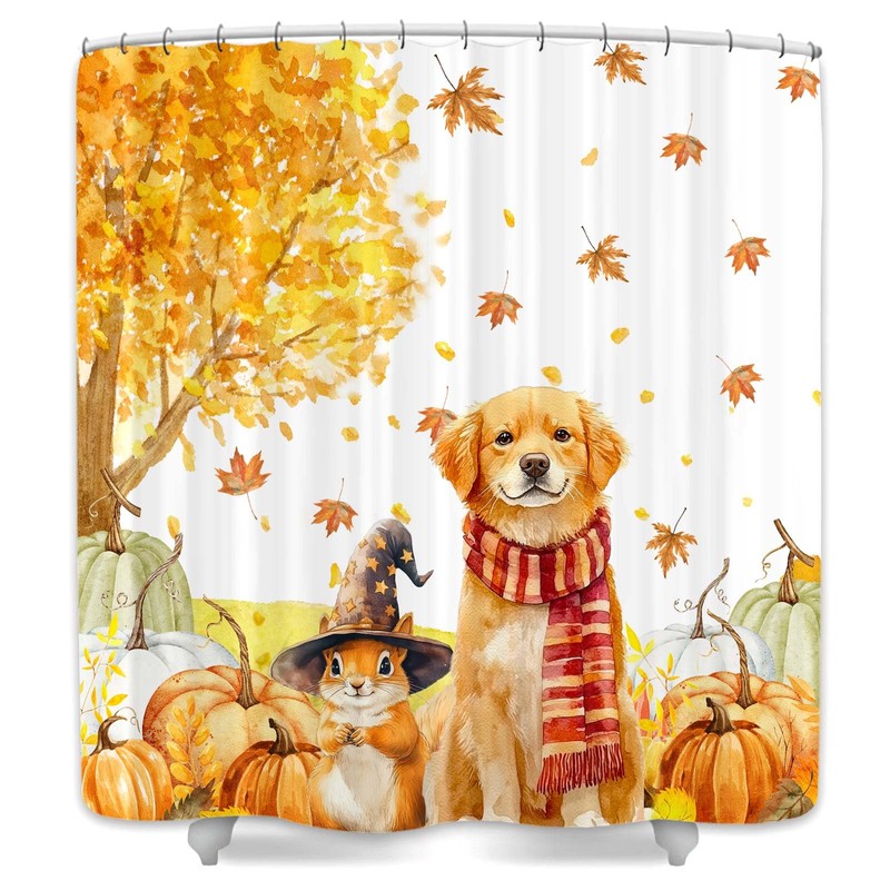 Fall Shower Curtain, Autumn Thanksgiving Pumpkin Cute Dog Squirrel Harvest
