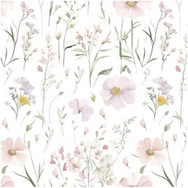 Floral Peel and Stick Wallpaper Boho Contact Paper Self Adhesive Removable Wallpaper Pink Floral 17.3''x78.7'' White Wildflowers Wall Paper for Bedroom Bathroom Art Deco Wall Papers Vinyl Roll